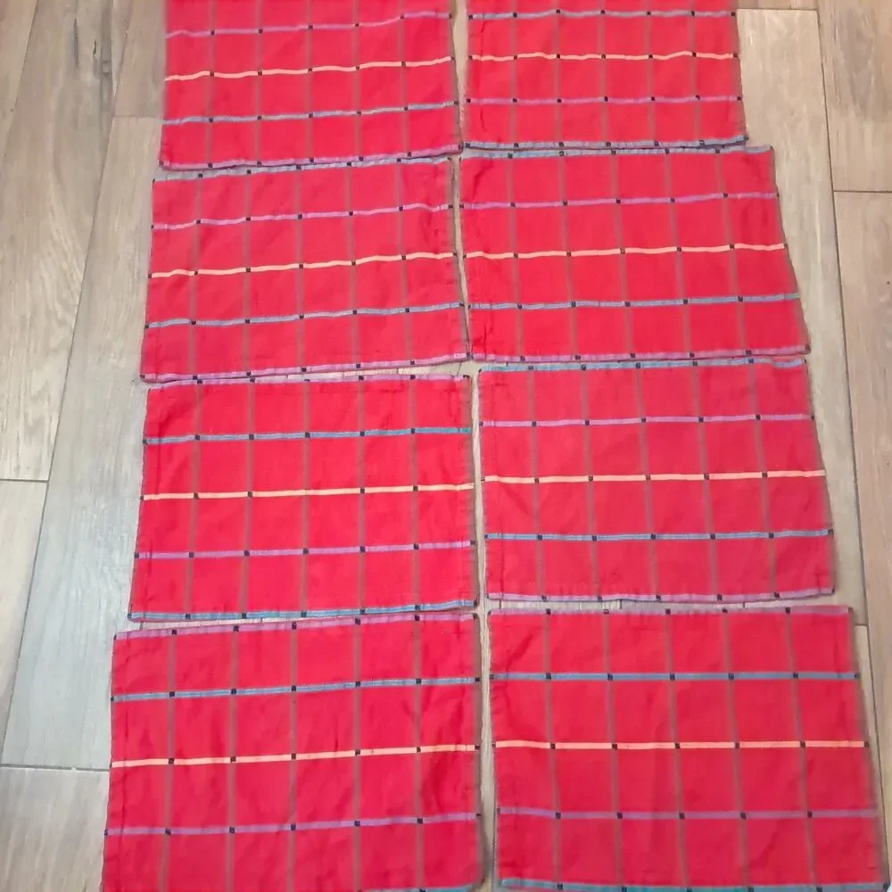 Vintage Dansk placemat set 8 red plaid windowpane rainbow cotton Ritva Puotila